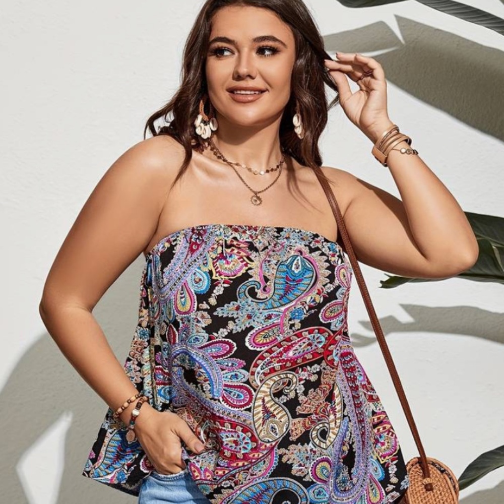 Plus Size Casual Top, Women's Plus Paisley Print Strapless Slight Stretch Tube T